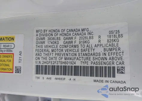 2025 Honda Civic Lx from USA, damaged, VIN 2HGFE2F27SH601924
